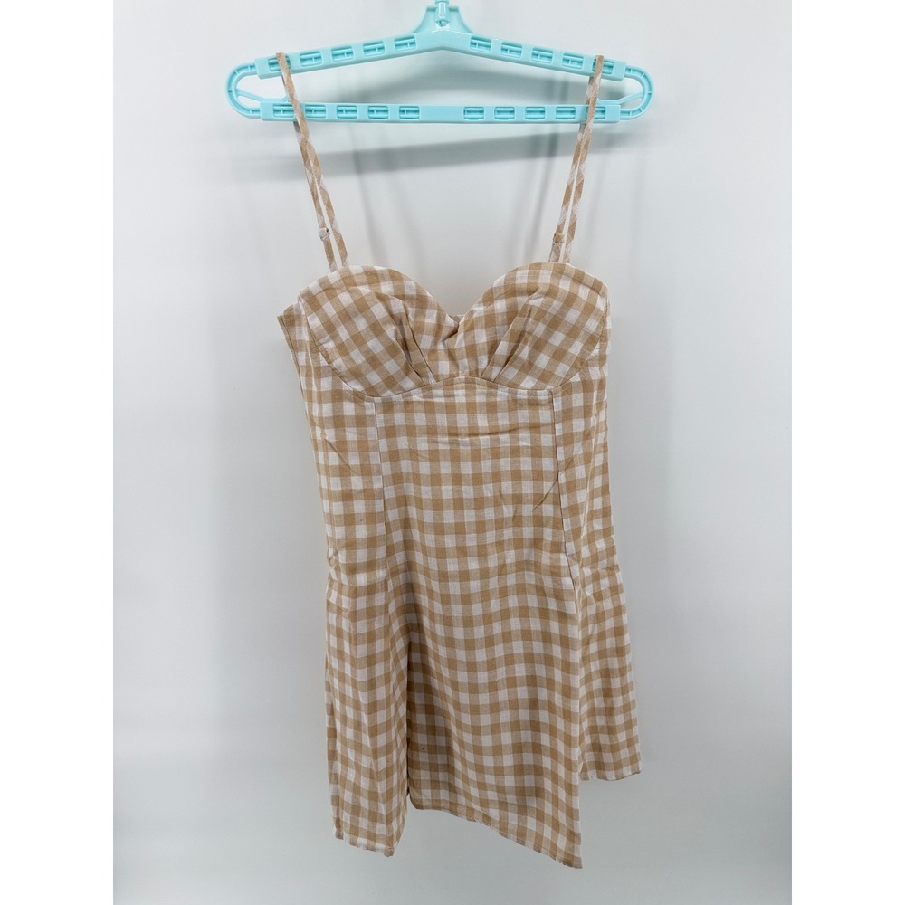 Promesa Tan White Gingham Bustier Mini Dress Womens Medium NWT Picnic Summer